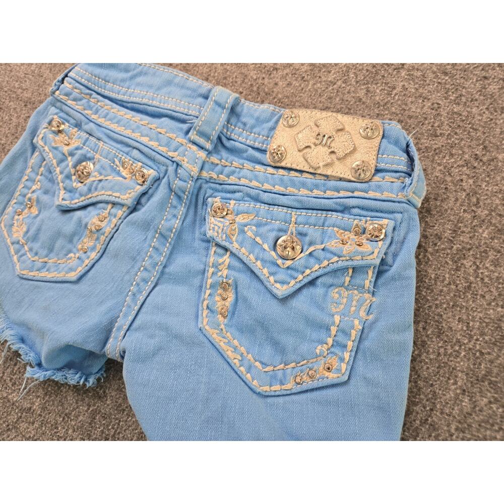 Miss Me Sky Blue Frayed Denim Shorts Youth Girls Sz 10 Mcbling Y2K Rhinestone - Picture 3 of 15